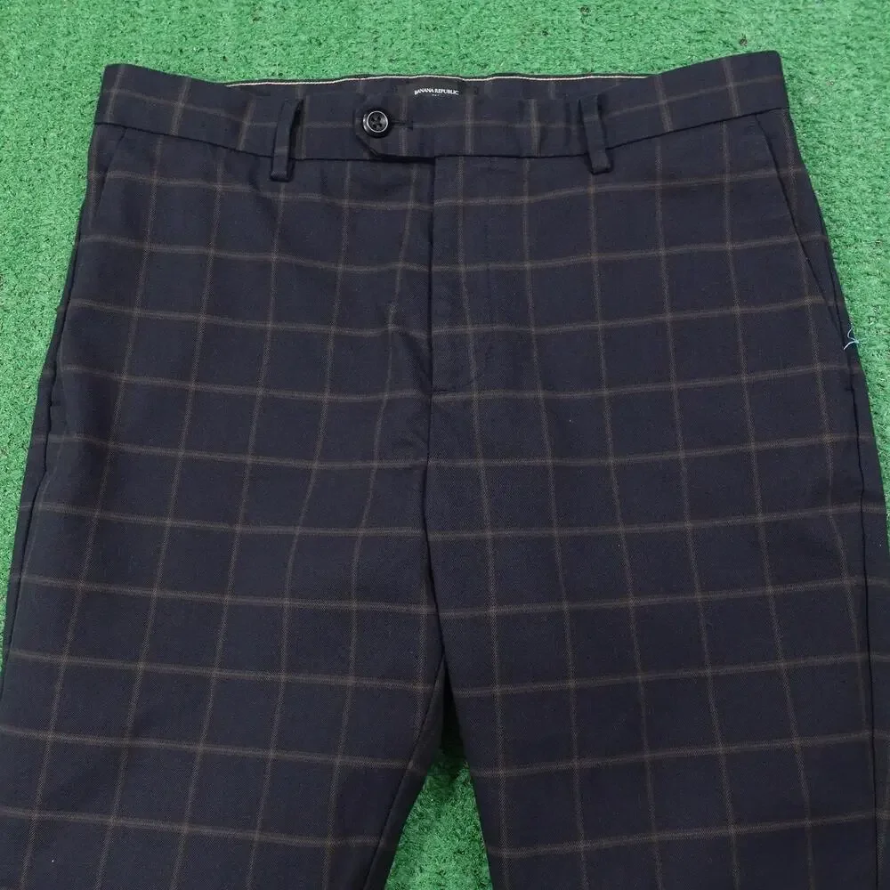 Banana Republic Dress Pants Mens 32x30 (33x26.5) Blue Plaid Slim Tapered Stretch